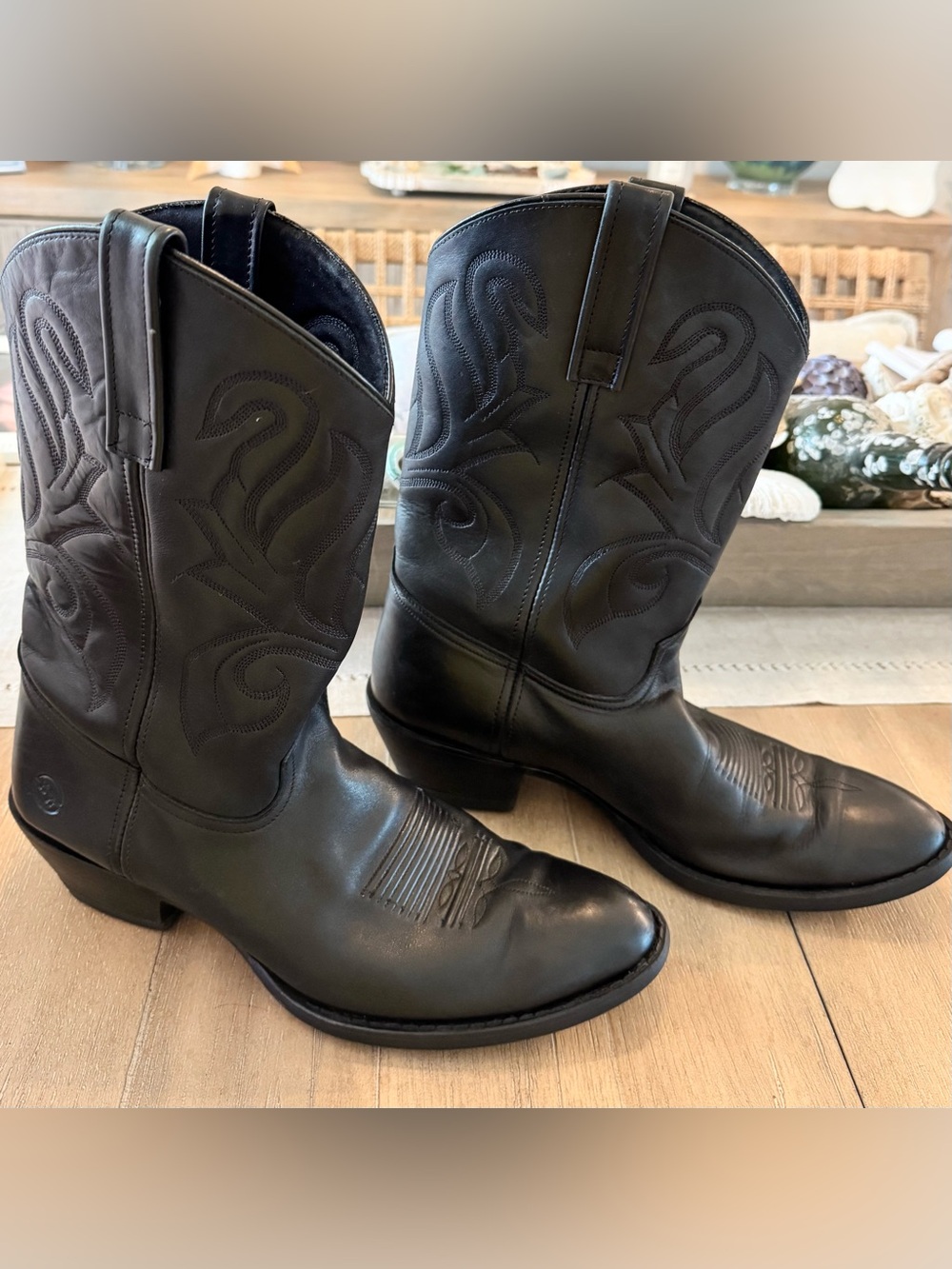 Double H Leather Western Stitched Boots, Black, Men’s Size 12